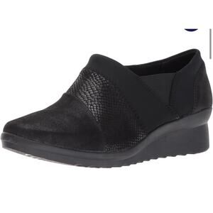 Clarks Caddell Denali Black Leather Wedge Loafer Bootie Comfort Womens Sz 9.5 E